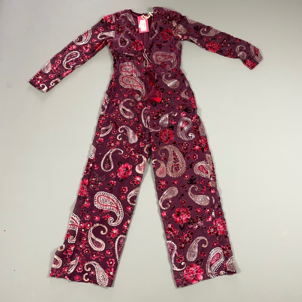 Chelsea & Violet Burgundy Velvet Burnout Paisley Lace Up Jumpsuit Womens Medium